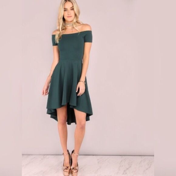 ✨2xHP✨Dark Green Off The Shoulder High Low Dress✨ - Picture 1 of 4